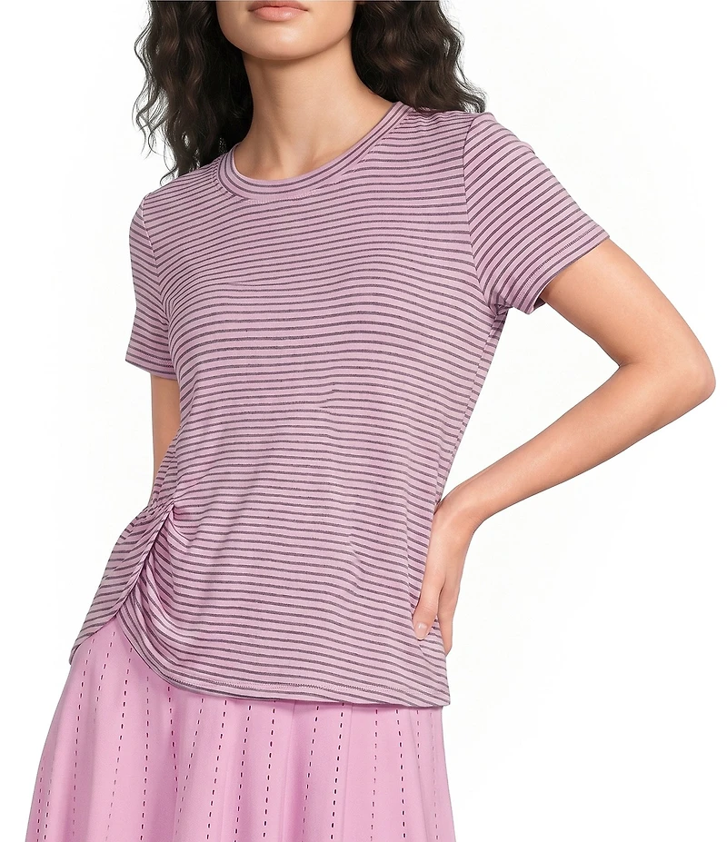 Kinesis Stripe Print Crew Neck Short Sleeve Ruched Detail Tee