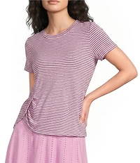 Kinesis Stripe Print Crew Neck Short Sleeve Ruched Detail Tee