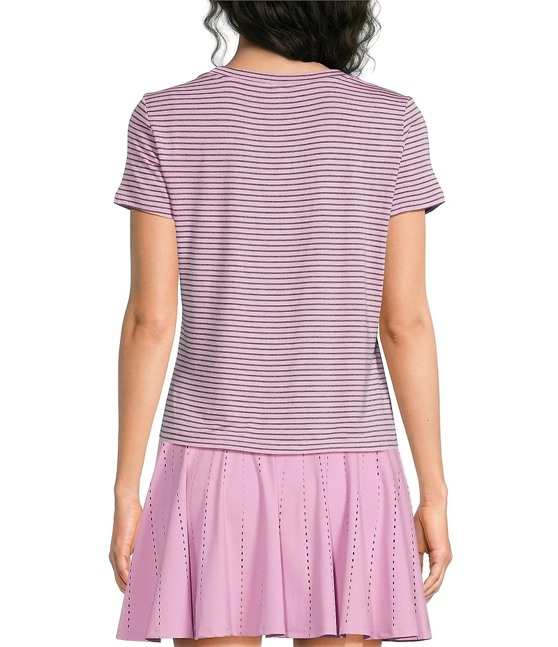 Kinesis Stripe Print Crew Neck Short Sleeve Ruched Detail Tee