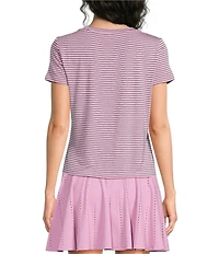 Kinesis Stripe Print Crew Neck Short Sleeve Ruched Detail Tee