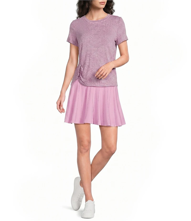 Kinesis Stripe Print Crew Neck Short Sleeve Ruched Detail Tee