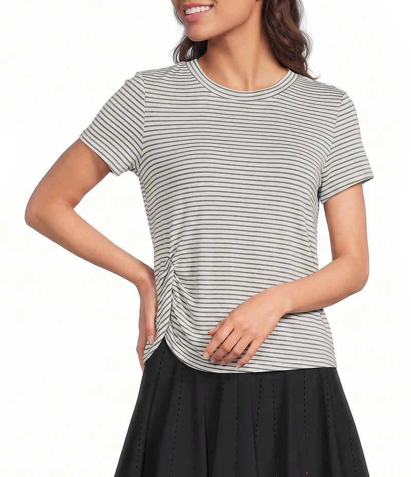 Kinesis Stripe Print Crew Neck Short Sleeve Ruched Detail Tee