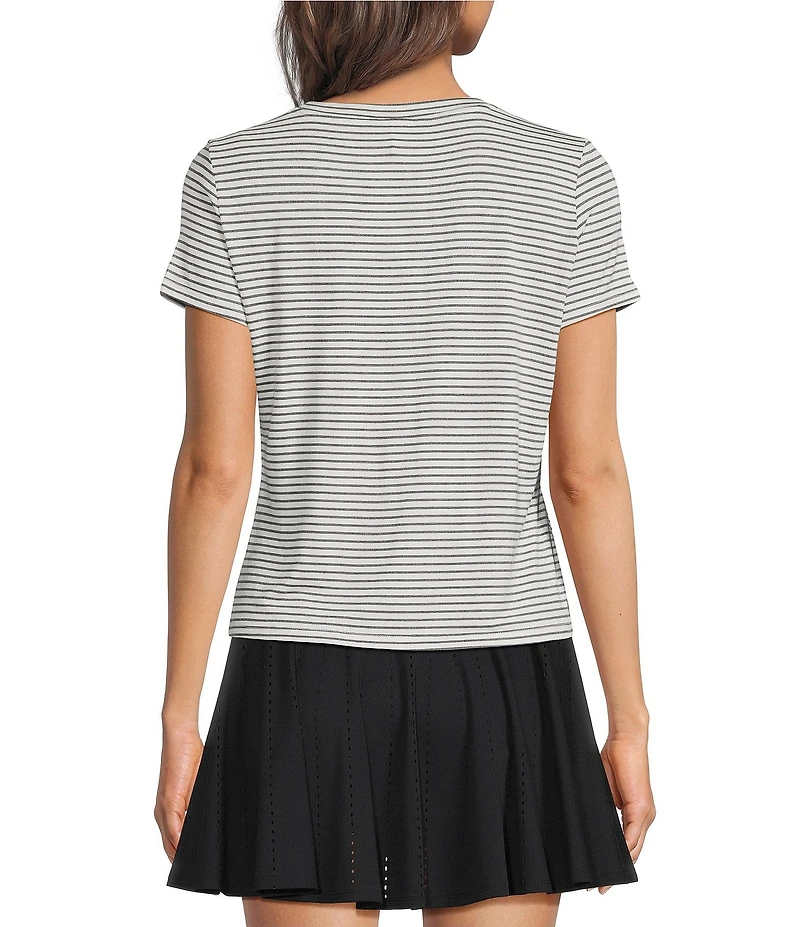 Kinesis Stripe Print Crew Neck Short Sleeve Ruched Detail Tee
