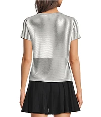 Kinesis Stripe Print Crew Neck Short Sleeve Ruched Detail Tee