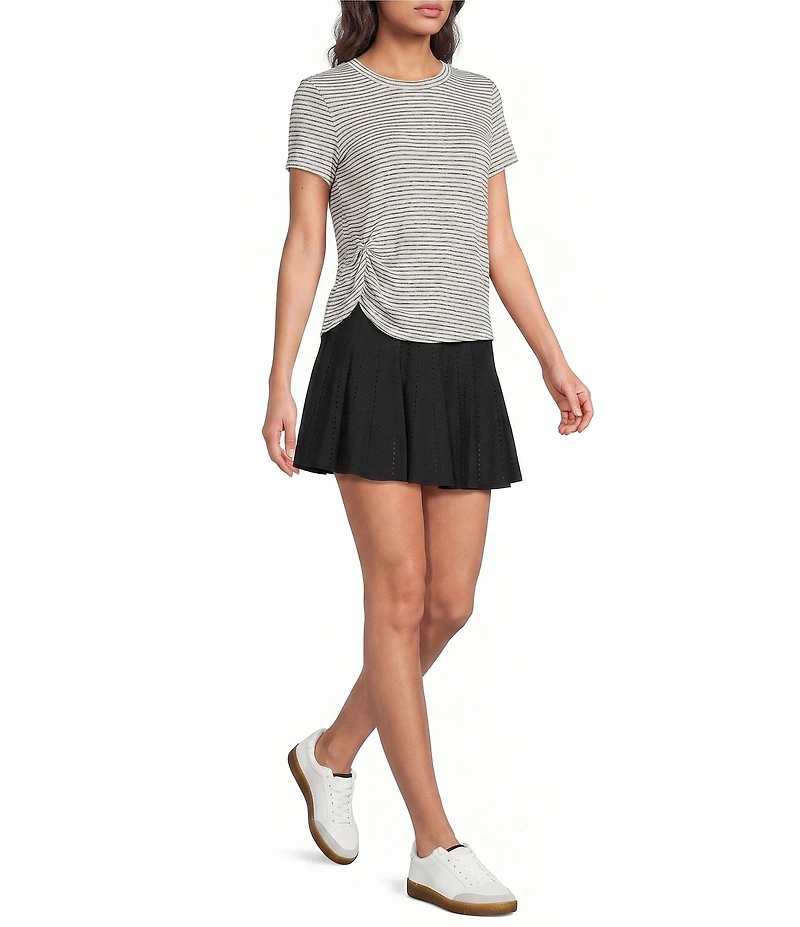 Kinesis Stripe Print Crew Neck Short Sleeve Ruched Detail Tee