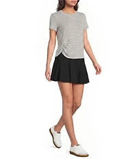 Kinesis Stripe Print Crew Neck Short Sleeve Ruched Detail Tee