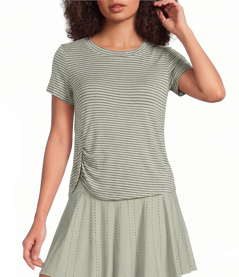 Kinesis Stripe Print Crew Neck Short Sleeve Ruched Detail Tee