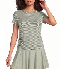 Kinesis Stripe Print Crew Neck Short Sleeve Ruched Detail Tee