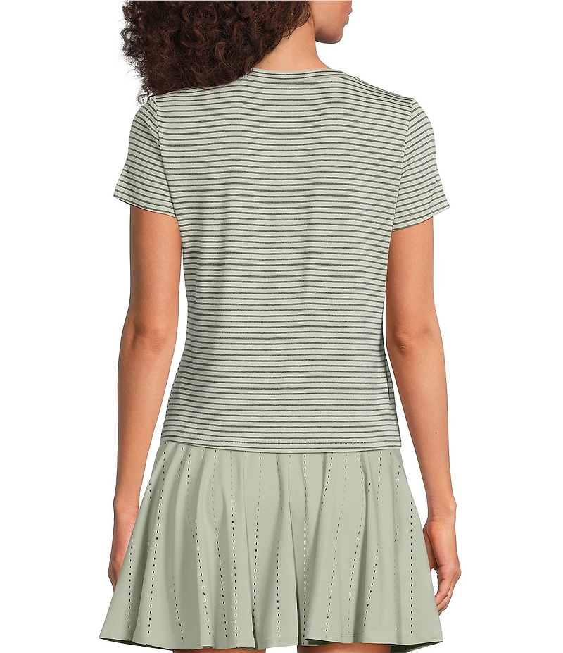Kinesis Stripe Print Crew Neck Short Sleeve Ruched Detail Tee