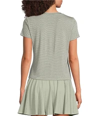 Kinesis Stripe Print Crew Neck Short Sleeve Ruched Detail Tee