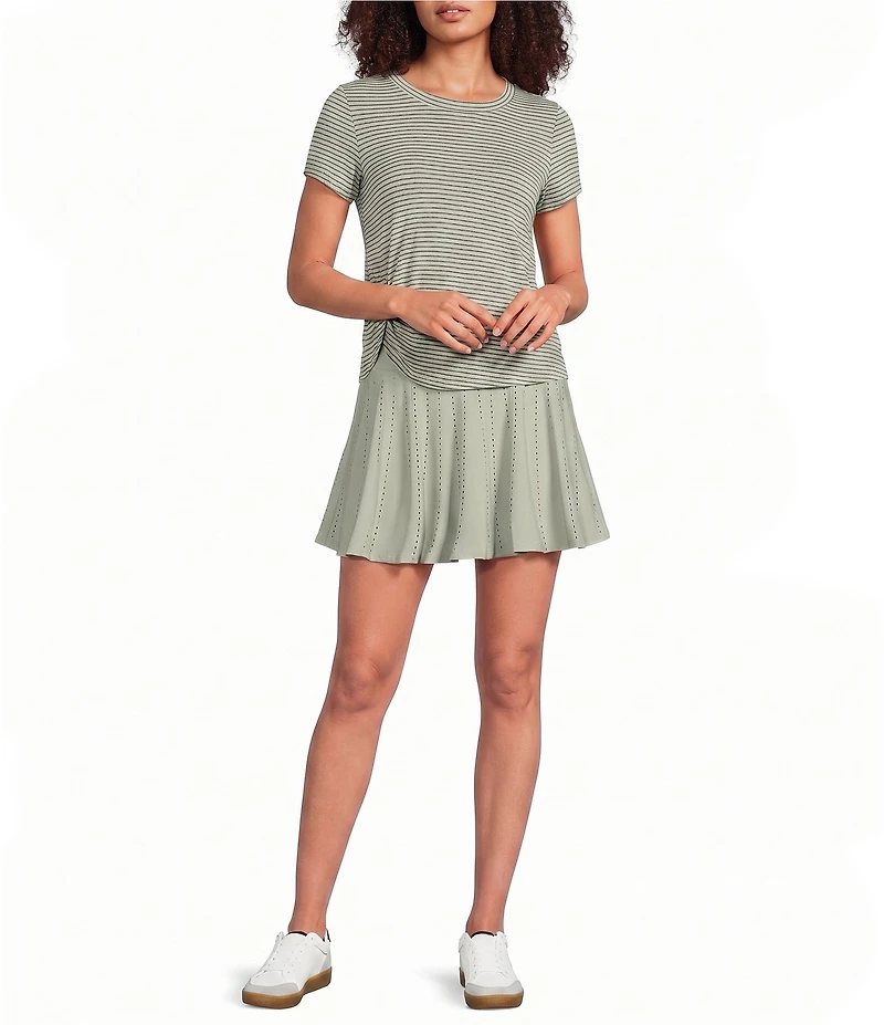 Kinesis Stripe Print Crew Neck Short Sleeve Ruched Detail Tee
