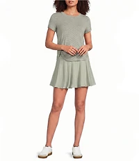 Kinesis Stripe Print Crew Neck Short Sleeve Ruched Detail Tee