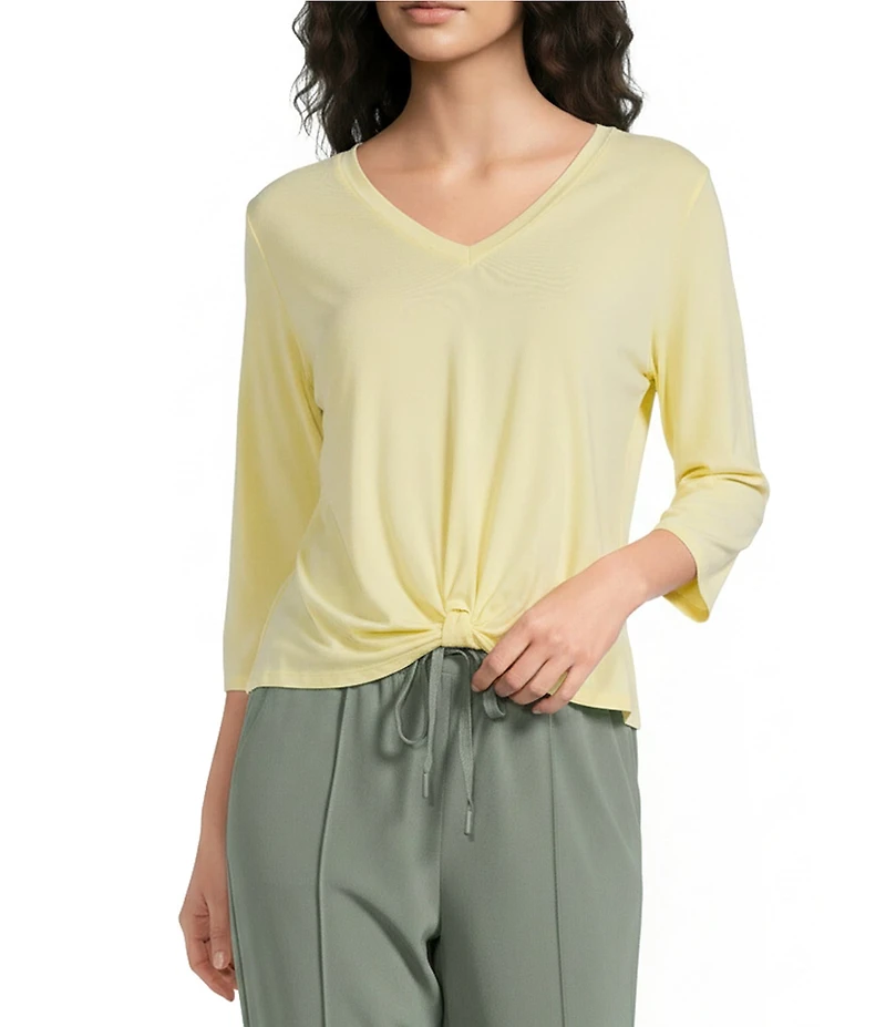 Kinesis V-Neck 3/4 Sleeve Twist Front Pointelle Top