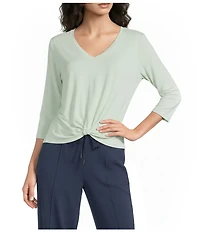 Kinesis V-Neck 3/4 Sleeve Twist Front Pointelle Top
