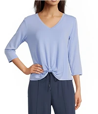 Kinesis V-Neck 3/4 Sleeve Twist Front Pointelle Top
