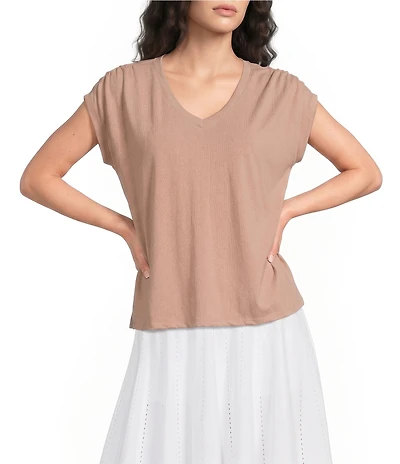 Kinesis V-Neck Short Sleeve Shirred Shoulder Top