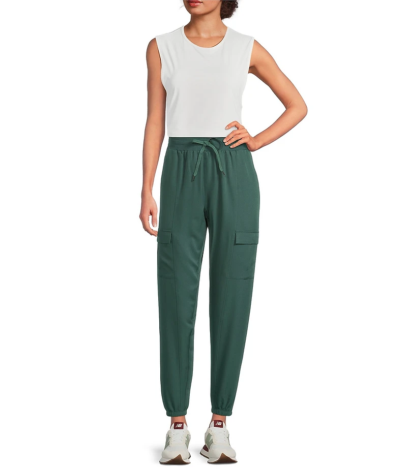 Kinesis Woven Elastic Cinched Cuff Ribbed Waistband Flap Pocket Ankle Joggers