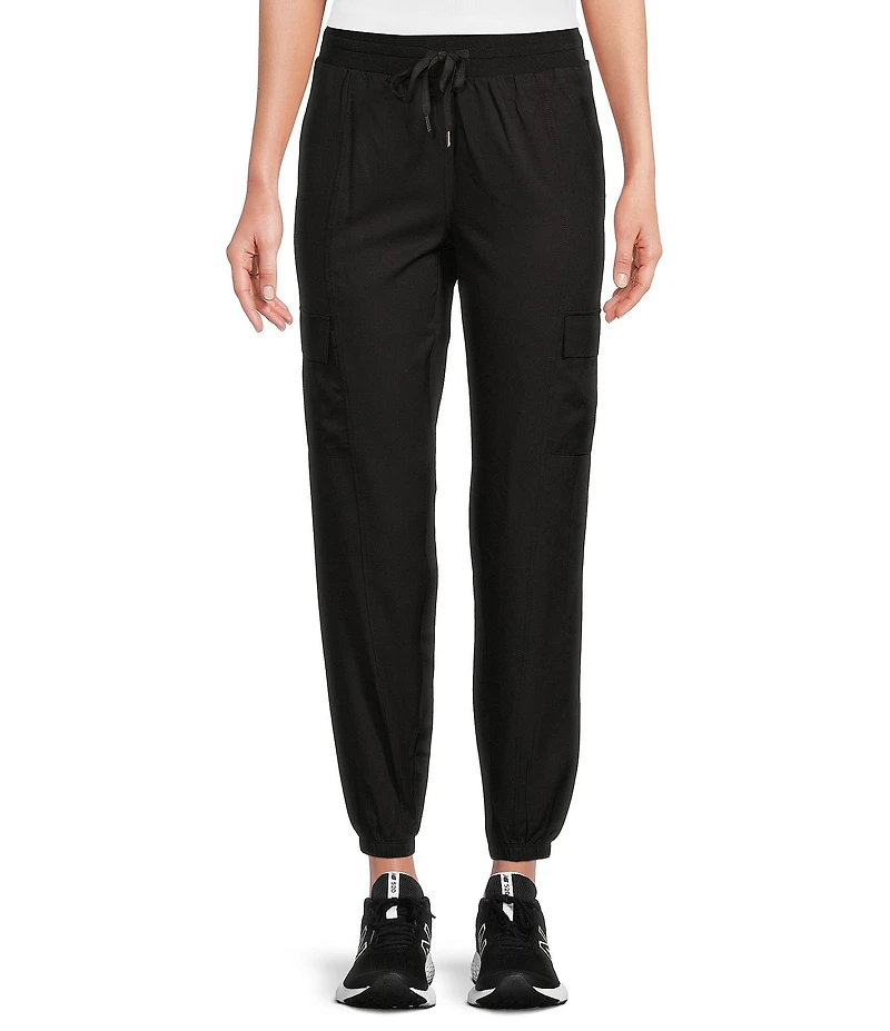 Kinesis Woven Elastic Cinched Cuff Ribbed Waistband Flap Pocket Ankle Joggers