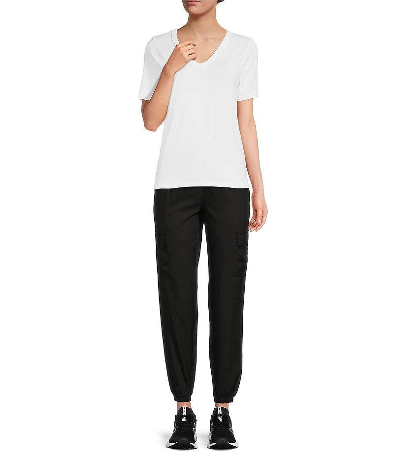 Kinesis Woven Elastic Cinched Cuff Ribbed Waistband Flap Pocket Ankle Joggers