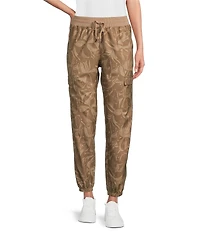 Kinesis Printed Woven Elastic Cinched Cuff Ribbed Waistband Flap Pocket Ankle Joggers