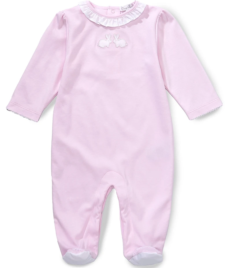 Kissy Kissy Baby Girls Pima Cotton Long Sleeve Ruffle Collar Pique Twin Bunnies Footie
