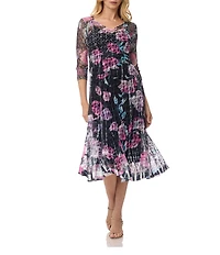 Komarov 3/4 Printed Lace and Charmeuse A Line Midi Dress