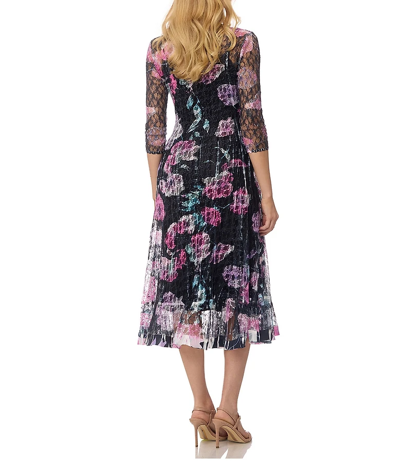 Komarov 3/4 Printed Lace and Charmeuse A Line Midi Dress