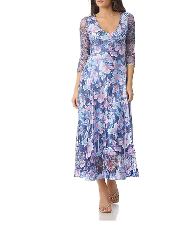 Komarov 3/4 Sleeve Floral Midi Dress