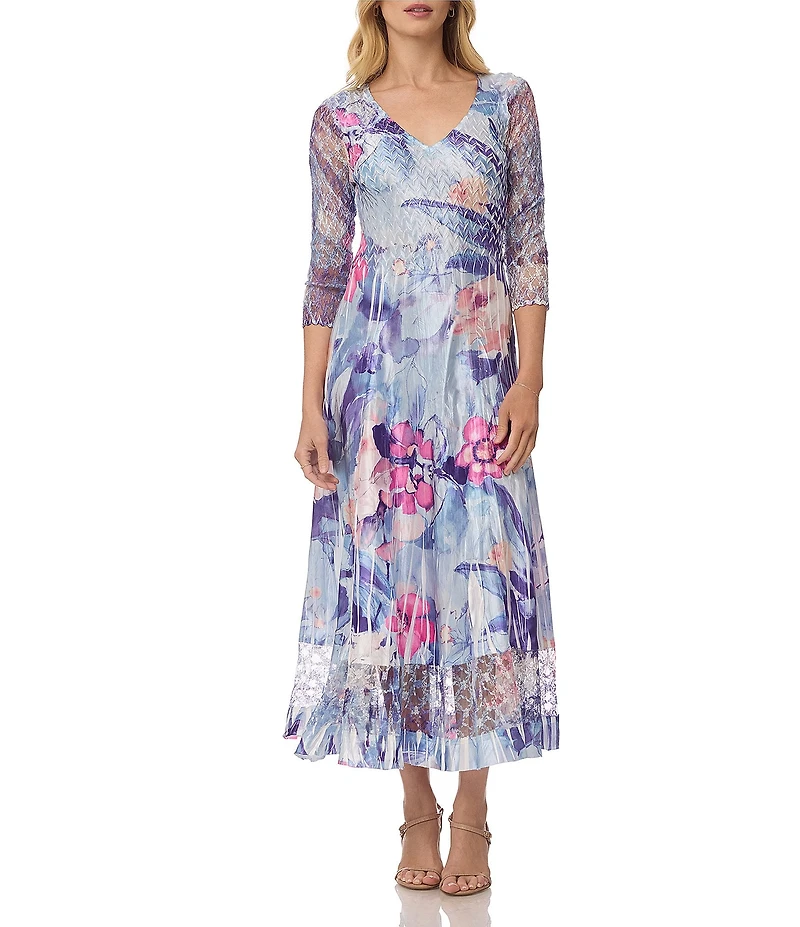 Komarov 3/4 Sleeve Lace Trim Midi Dress