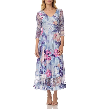 Komarov 3/4 Sleeve Lace Trim Midi Dress