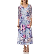 Komarov 3/4 Sleeve Lace Trim Midi Dress