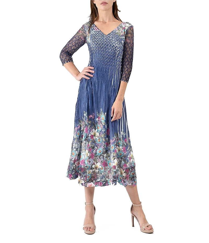 Komarov 3/4 Sleeve Printed Midi Dress With Lace Trim