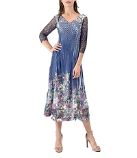 Komarov 3/4 Sleeve Printed Midi Dress With Lace Trim