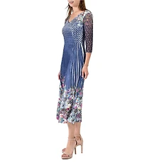 Komarov 3/4 Sleeve Printed Midi Dress With Lace Trim