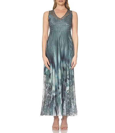 Komarov Abstract Print V Neck Lace Up Back Gown