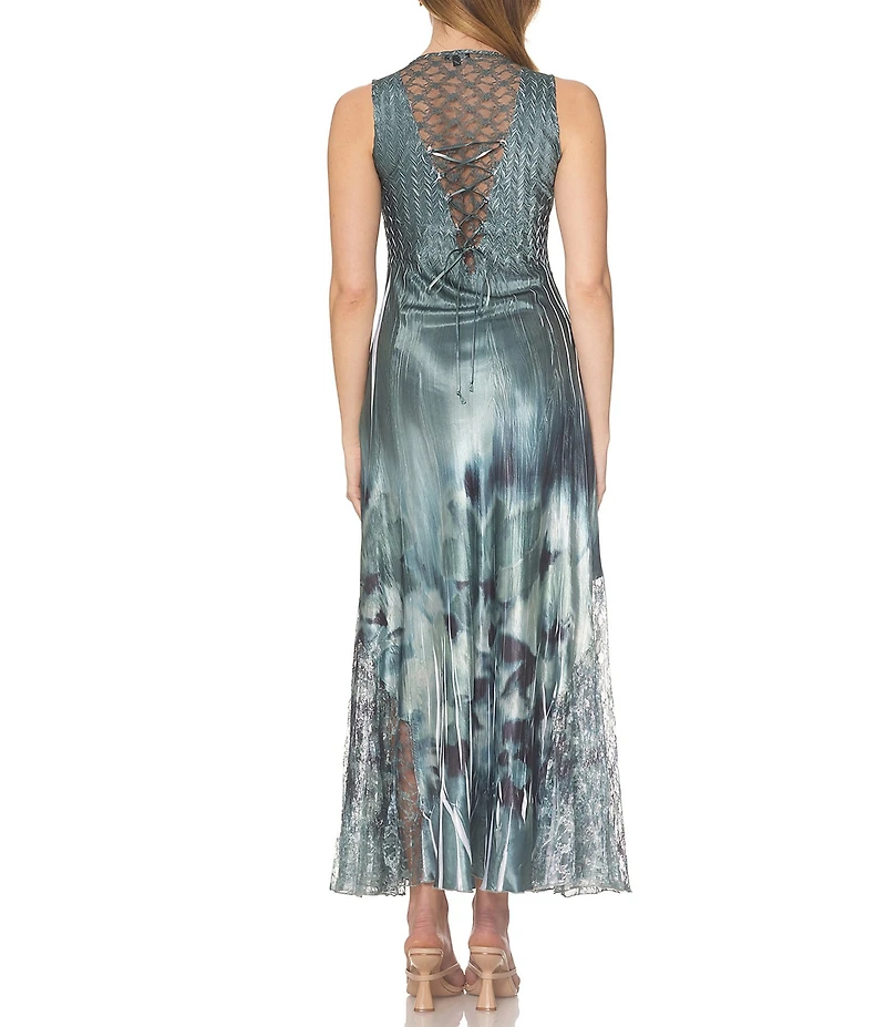 Komarov Abstract Print V Neck Lace Up Back Gown