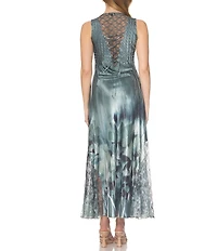 Komarov Abstract Print V Neck Lace Up Back Gown