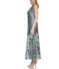 Komarov Abstract Print V Neck Lace Up Back Gown