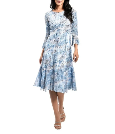 Komarov Boat Neck 3/4 Flutter Sleeve Printed Dress