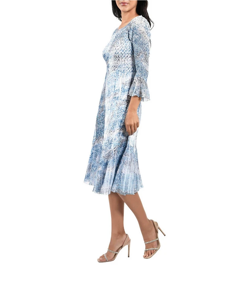 Komarov Boat Neck 3/4 Flutter Sleeve Printed Dress