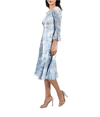 Komarov Boat Neck 3/4 Flutter Sleeve Printed Dress