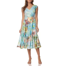 Komarov Cap Sleeve Floral Mid Length Dress