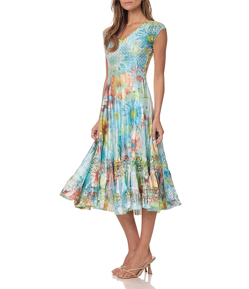 Komarov Cap Sleeve Floral Mid Length Dress