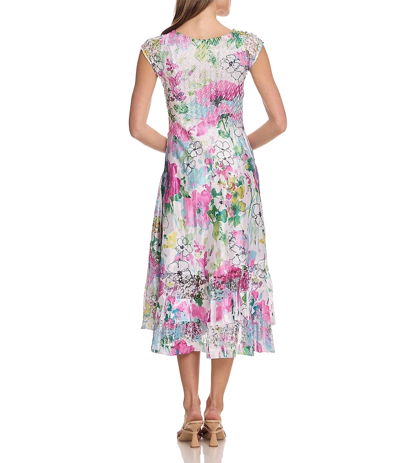 Komarov Cap Sleeve Floral Print Tea Length Dress
