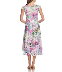 Komarov Cap Sleeve Floral Print Tea Length Dress