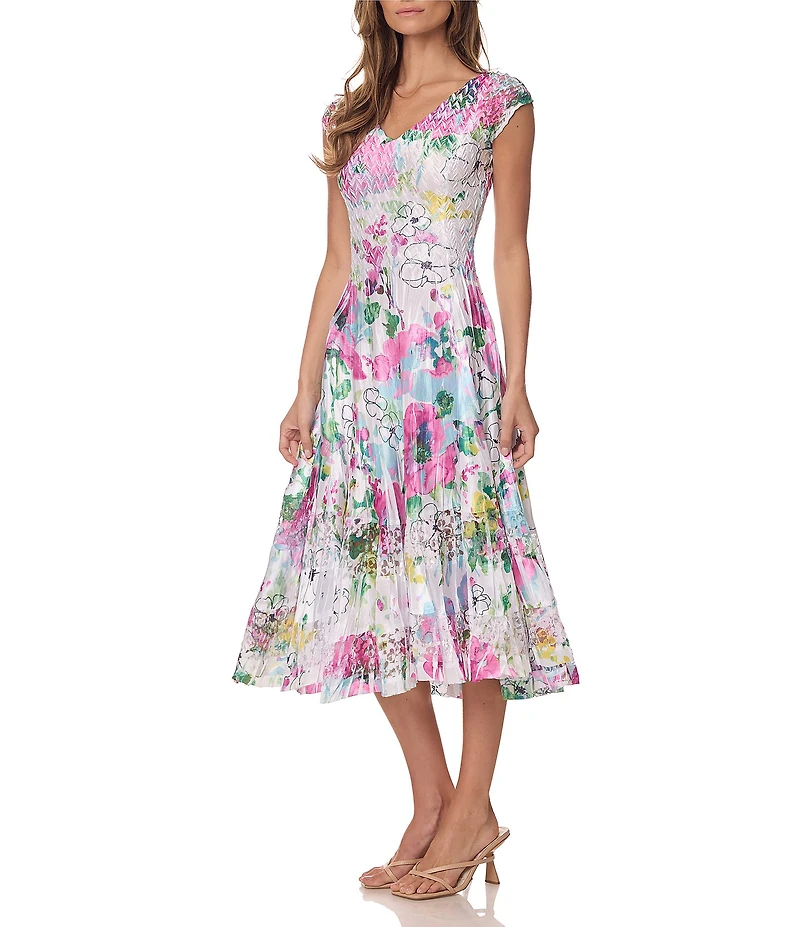 Komarov Cap Sleeve Floral Print Tea Length Dress