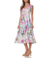 Komarov Cap Sleeve Floral Print Tea Length Dress