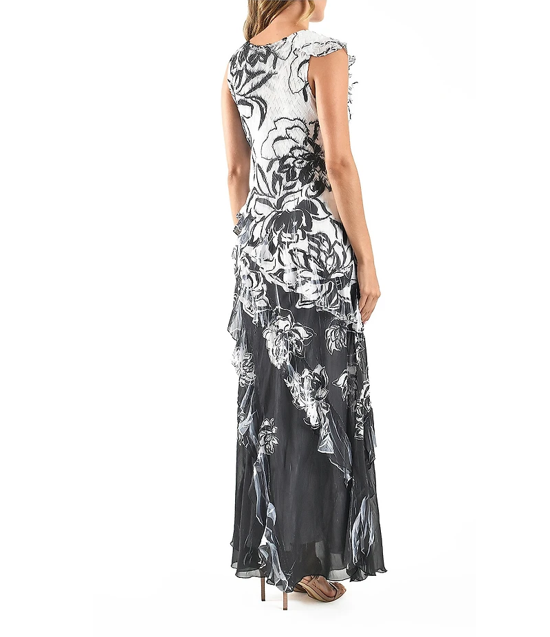 Komarov Charmeuse Chiffon Floral Print V Neck Sleeveless Ruffle Sheath Maxi Dress