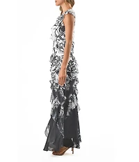 Komarov Charmeuse Chiffon Floral Print V Neck Sleeveless Ruffle Sheath Maxi Dress