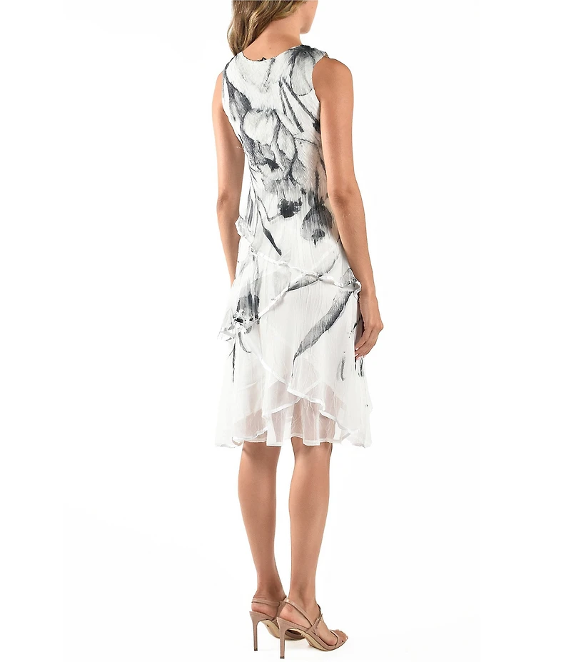 Komarov Charmeuse Chiffon Floral Print V-Neck Sleeveless Ruffle Sheath Mini Dress